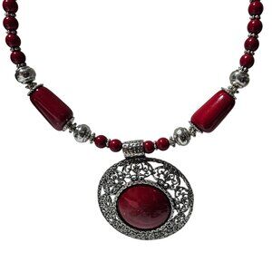 Vintage Red Beaded Necklace Silver Tone Filigree Pendant Chunky Statement Women